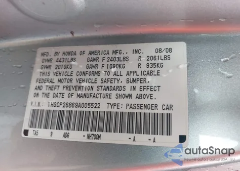 2009 Honda Accord 2.4 Ex-L z USA, uszkodzony, nr VIN 1HGCP26869A005522